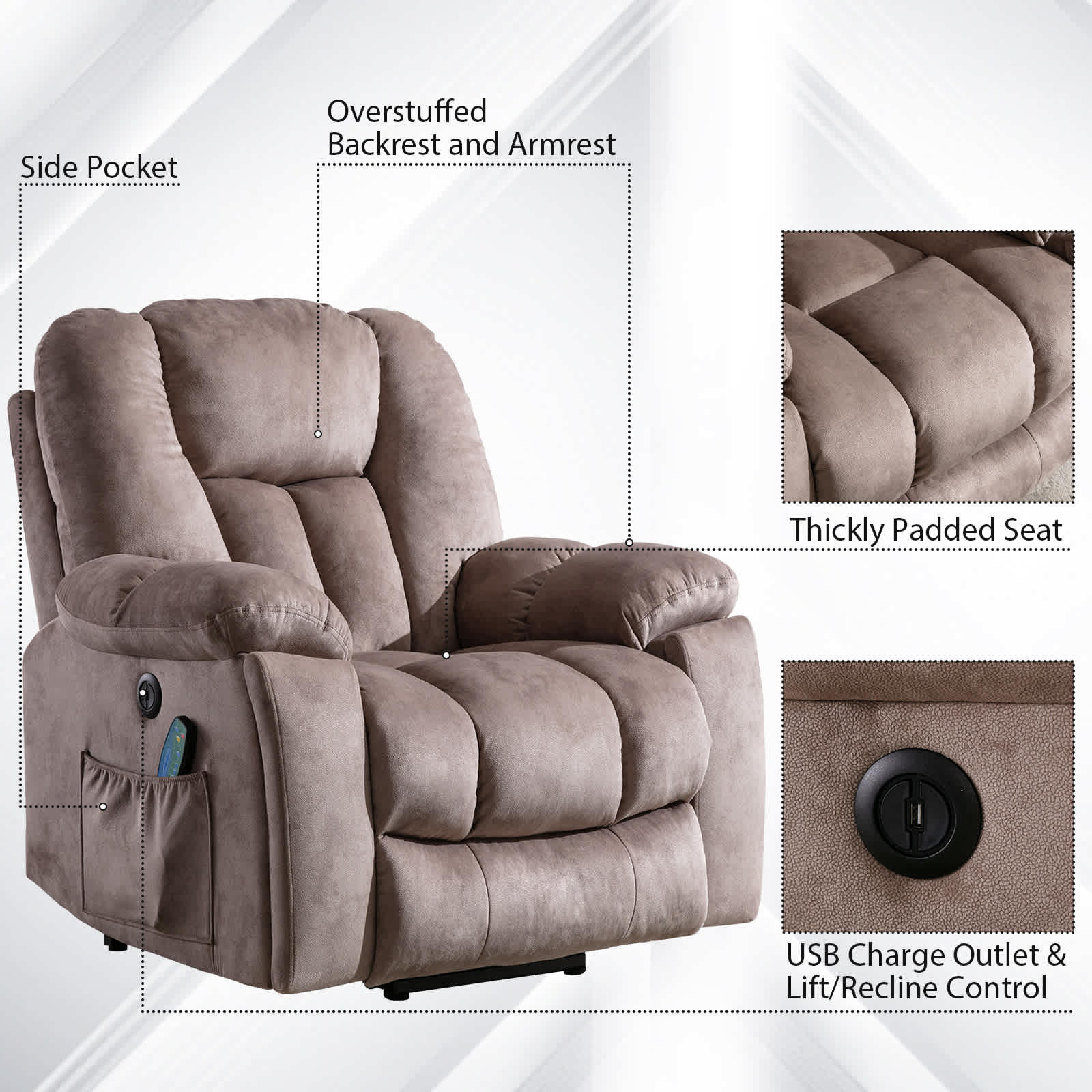 Bestier 40.9 in. W Khaki Power Lift Recliner Chair with Massage and Heating