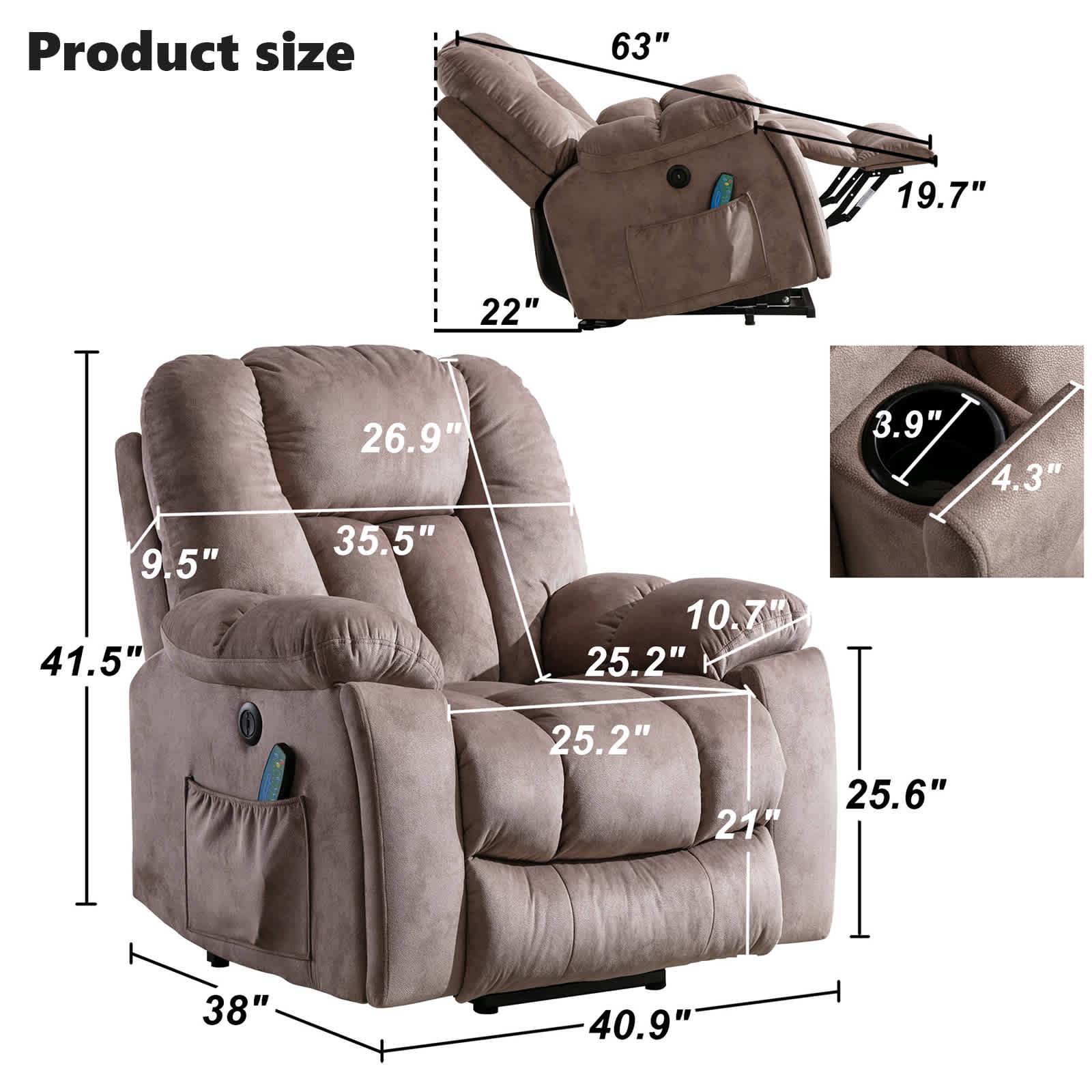 Bestier 40.9 in. W Khaki Power Lift Recliner Chair with Massage and Heating