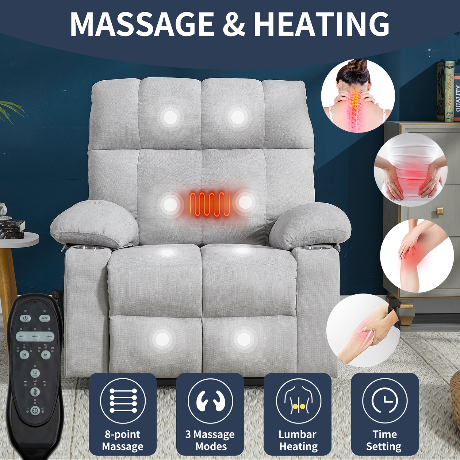 GZMR Vibration Massage and Lumbar Heating Dual Motor Power Lift Recliner Beige Gray Chenille Upholstered Powered Reclining Stationary Infinite-position with Lift Assistance