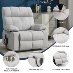 GZMR Vibration Massage and Lumbar Heating Dual Motor Power Lift Recliner Beige Gray Chenille Upholstered Powered Reclining Stationary Infinite-position with Lift Assistance