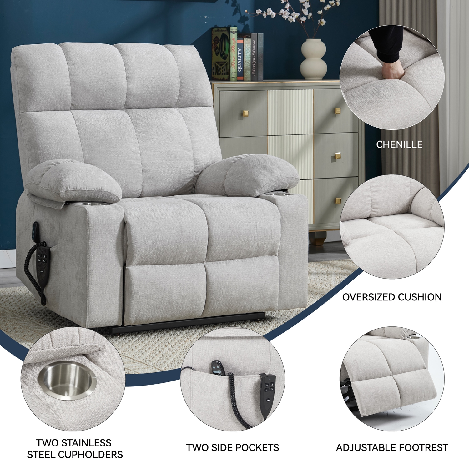 GZMR Vibration Massage and Lumbar Heating Dual Motor Power Lift Recliner Beige Gray Chenille Upholstered Powered Reclining Stationary Infinite-position with Lift Assistance