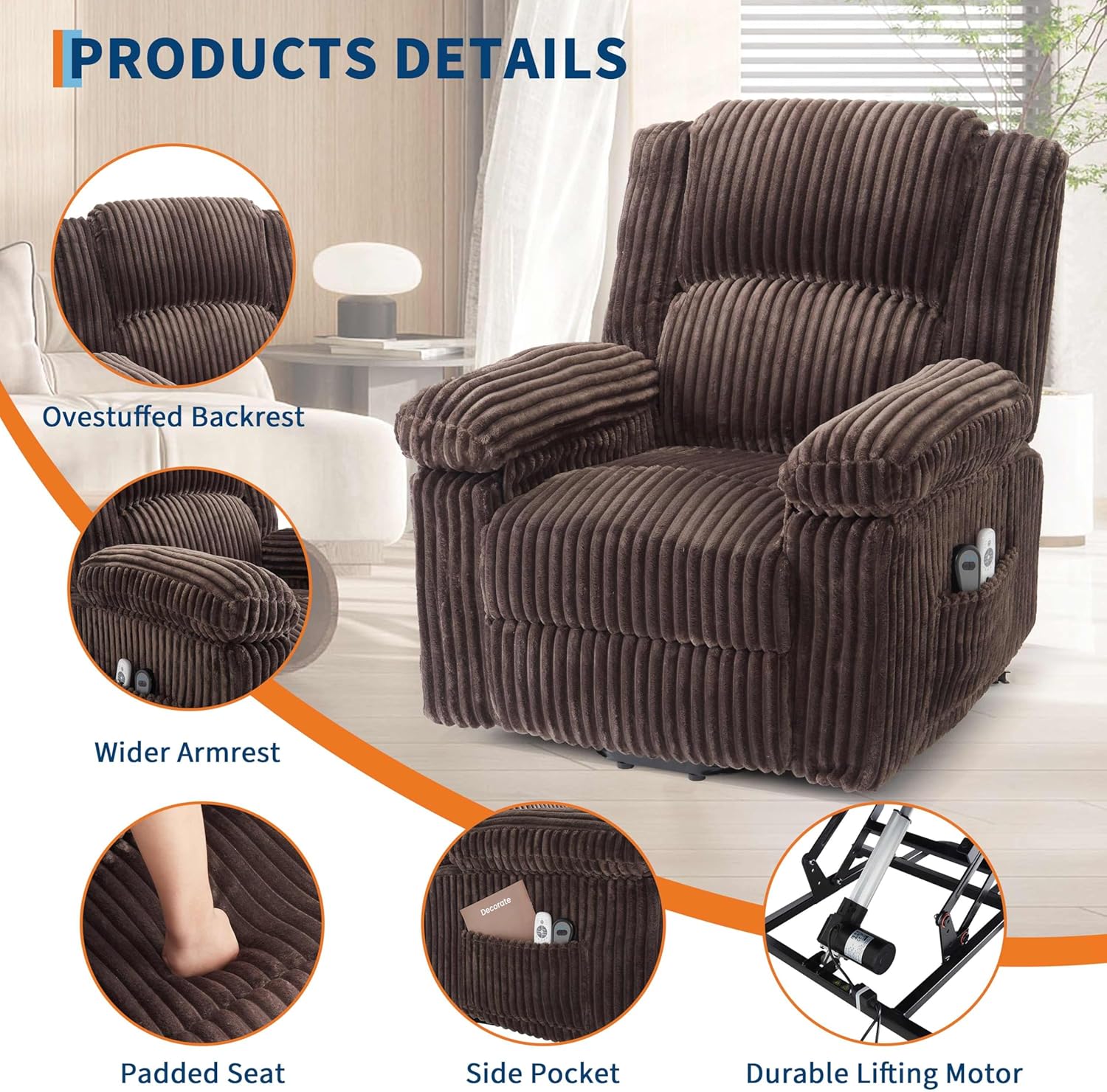 GAOMON Power Lift Recliner Chair with Heat and Massage Electric Lift Recliner Sofa for Elderly Plush Padded Seat with Lumbar Support Remote Control Side Pockets 400 lb Capacity Brown