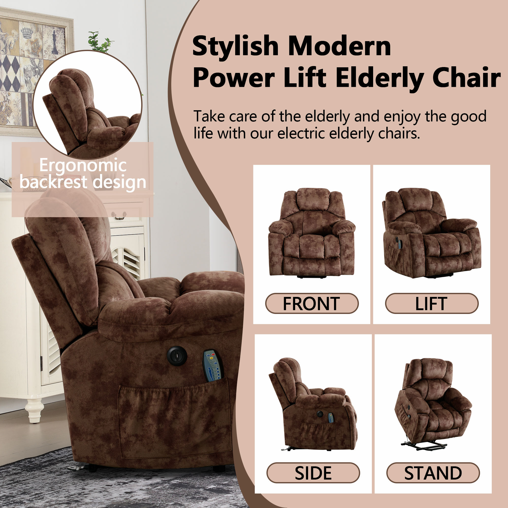 Bestier 40.6 in. W Brown Soft Fabric Power Lift Recliner Chair with Massage and Heating