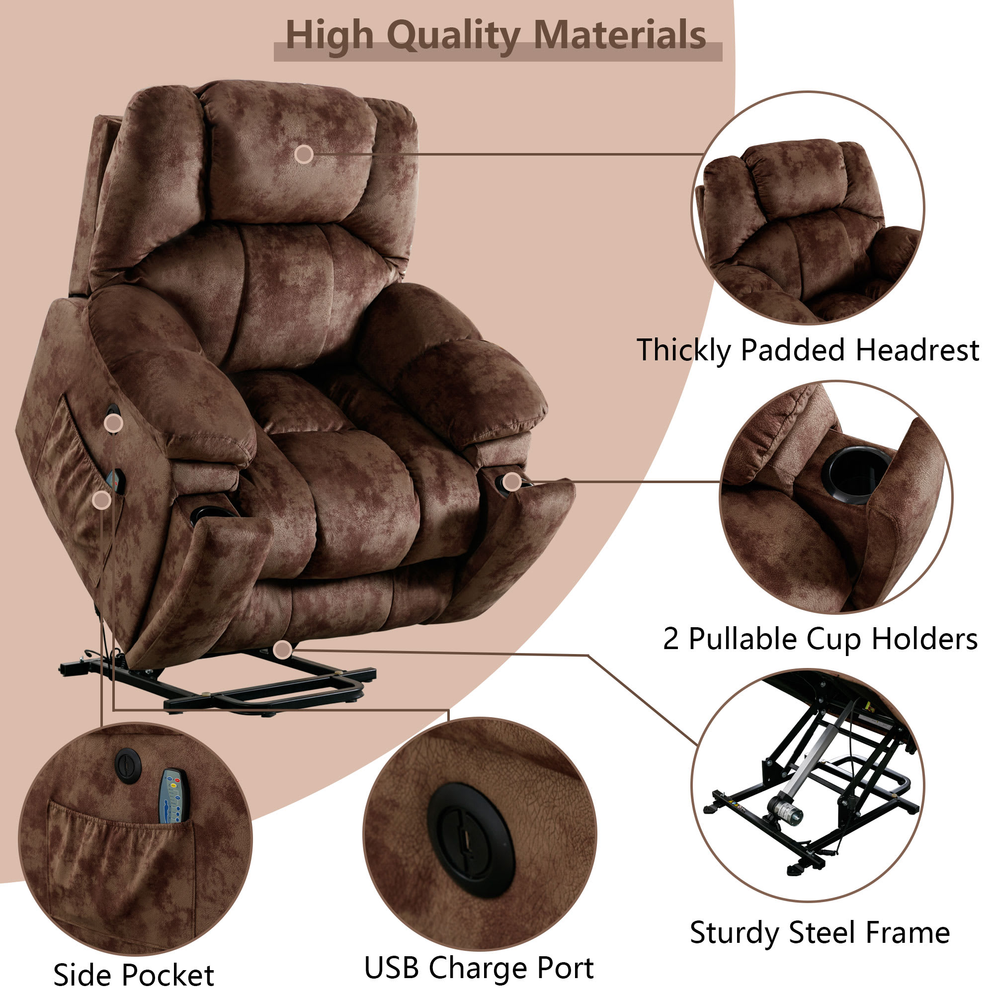 Bestier 40.6 in. W Brown Soft Fabric Power Lift Recliner Chair with Massage and Heating