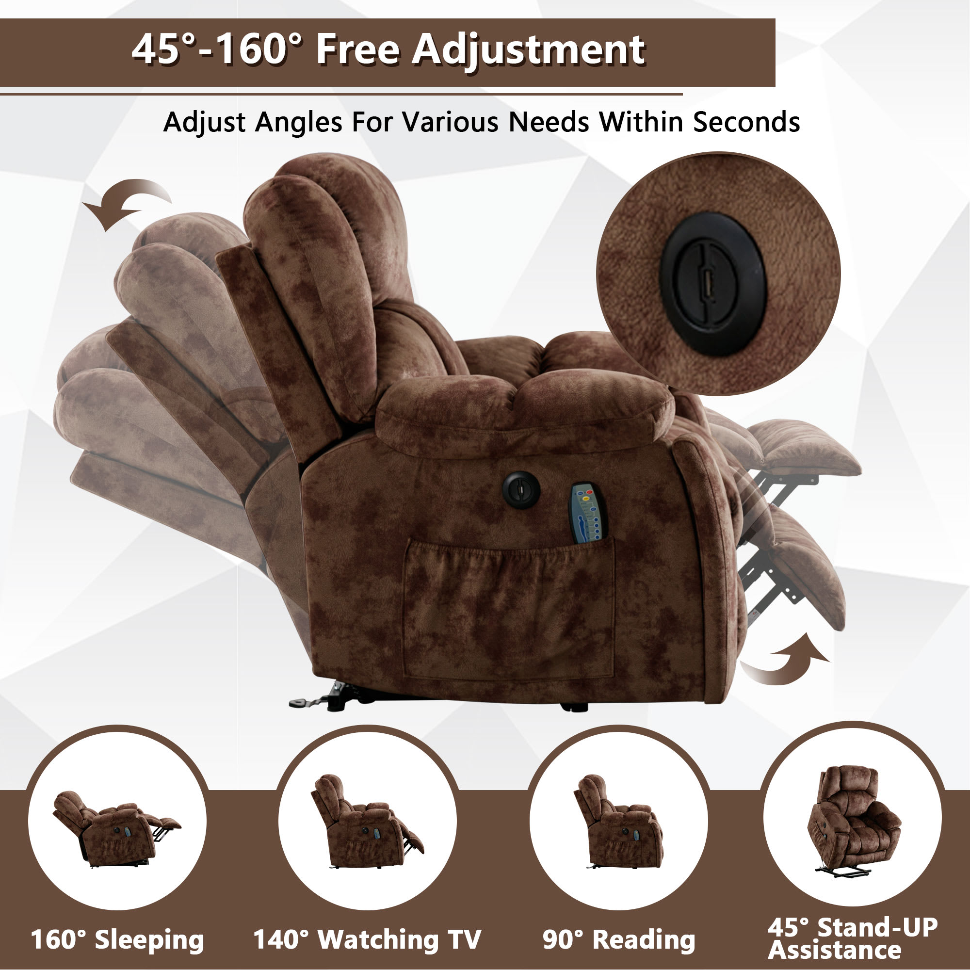 Bestier 40.6 in. W Brown Soft Fabric Power Lift Recliner Chair with Massage and Heating