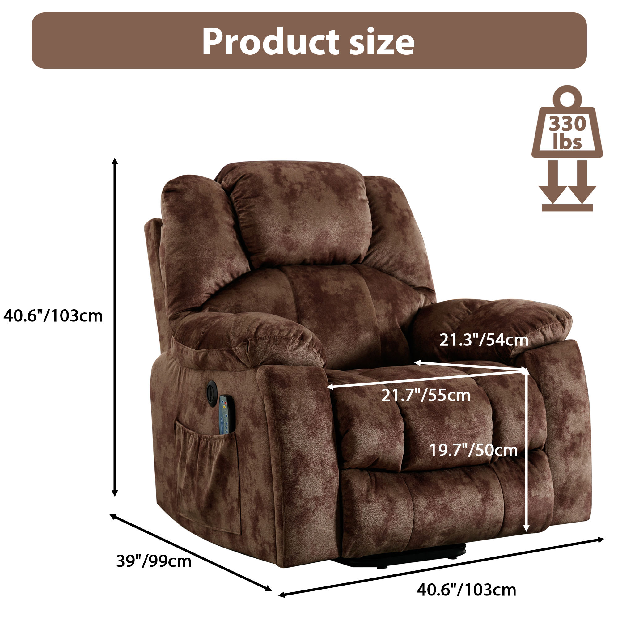 Bestier 40.6 in. W Brown Soft Fabric Power Lift Recliner Chair with Massage and Heating