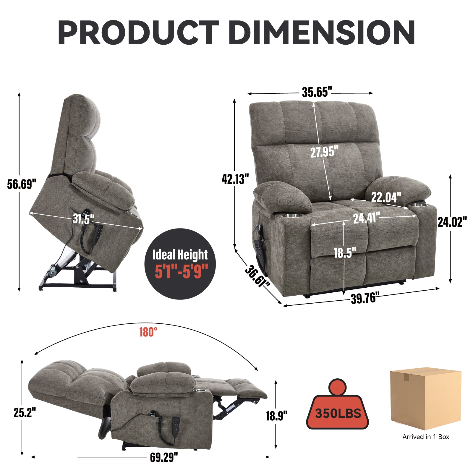 Boyel Living Brown Dual Motor Infinite Position Up to 350 LBS Chenille Power Lift Recliner Chair with Dual Cup Holders