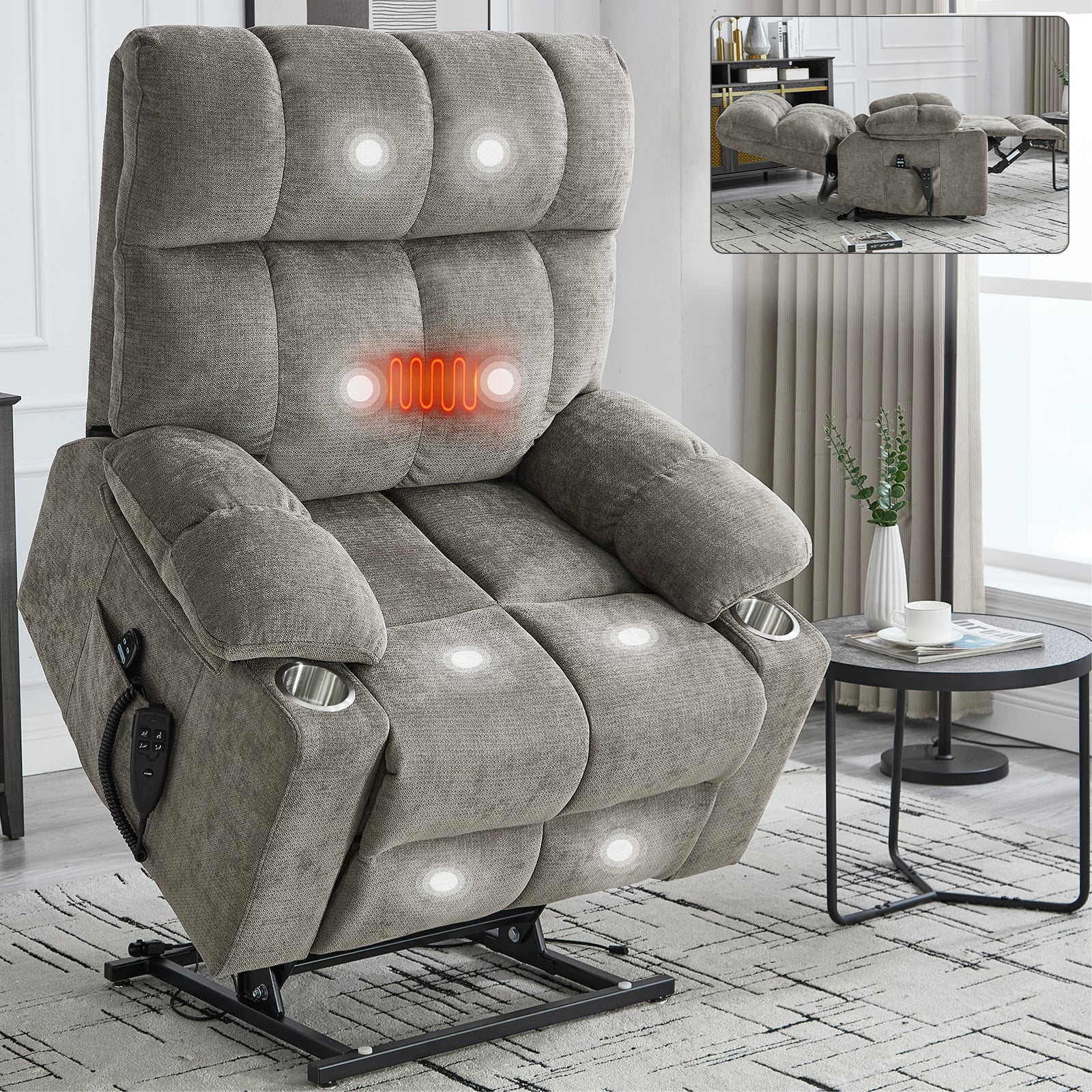 Boyel Living Brown Dual Motor Infinite Position Up to 350 LBS Chenille Power Lift Recliner Chair with Dual Cup Holders