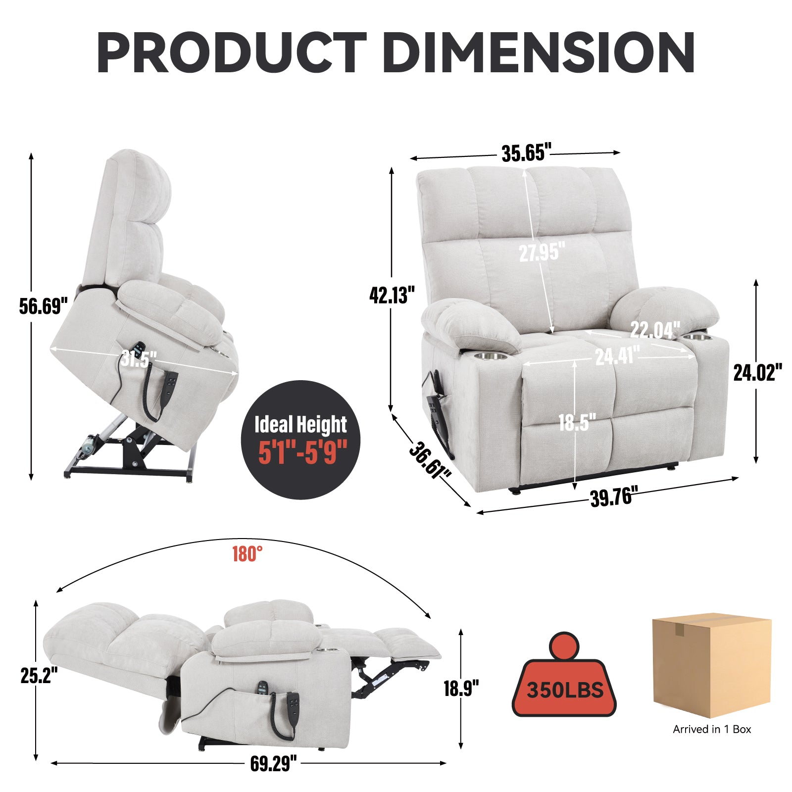 Boyel Living Beige Dual Motor Infinite Position Up to 350 LBS Chenille Power Lift Recliner Chair with Dual Cup Holders