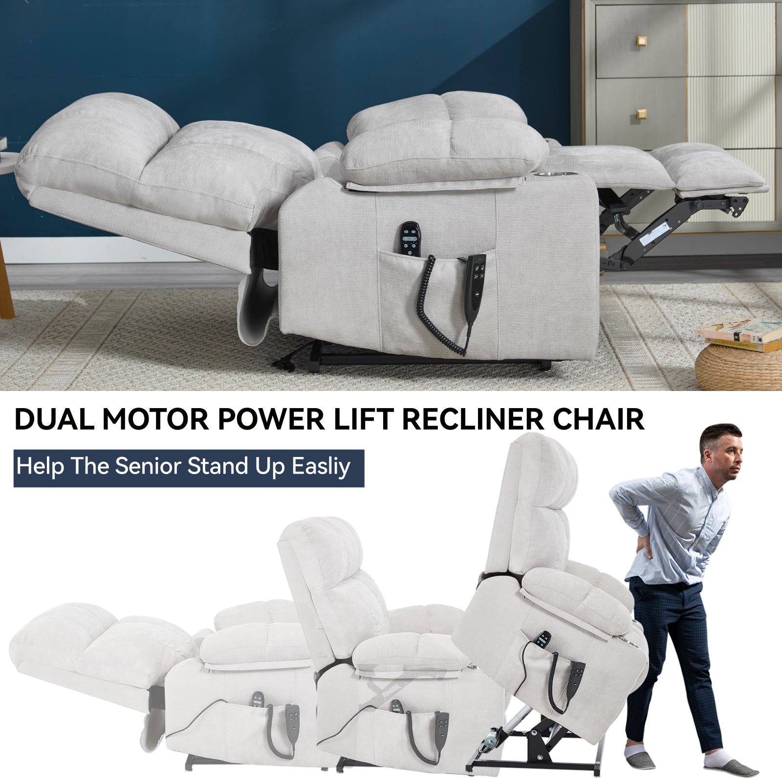 Boyel Living Beige Dual Motor Infinite Position Up to 350 LBS Chenille Power Lift Recliner Chair with Dual Cup Holders