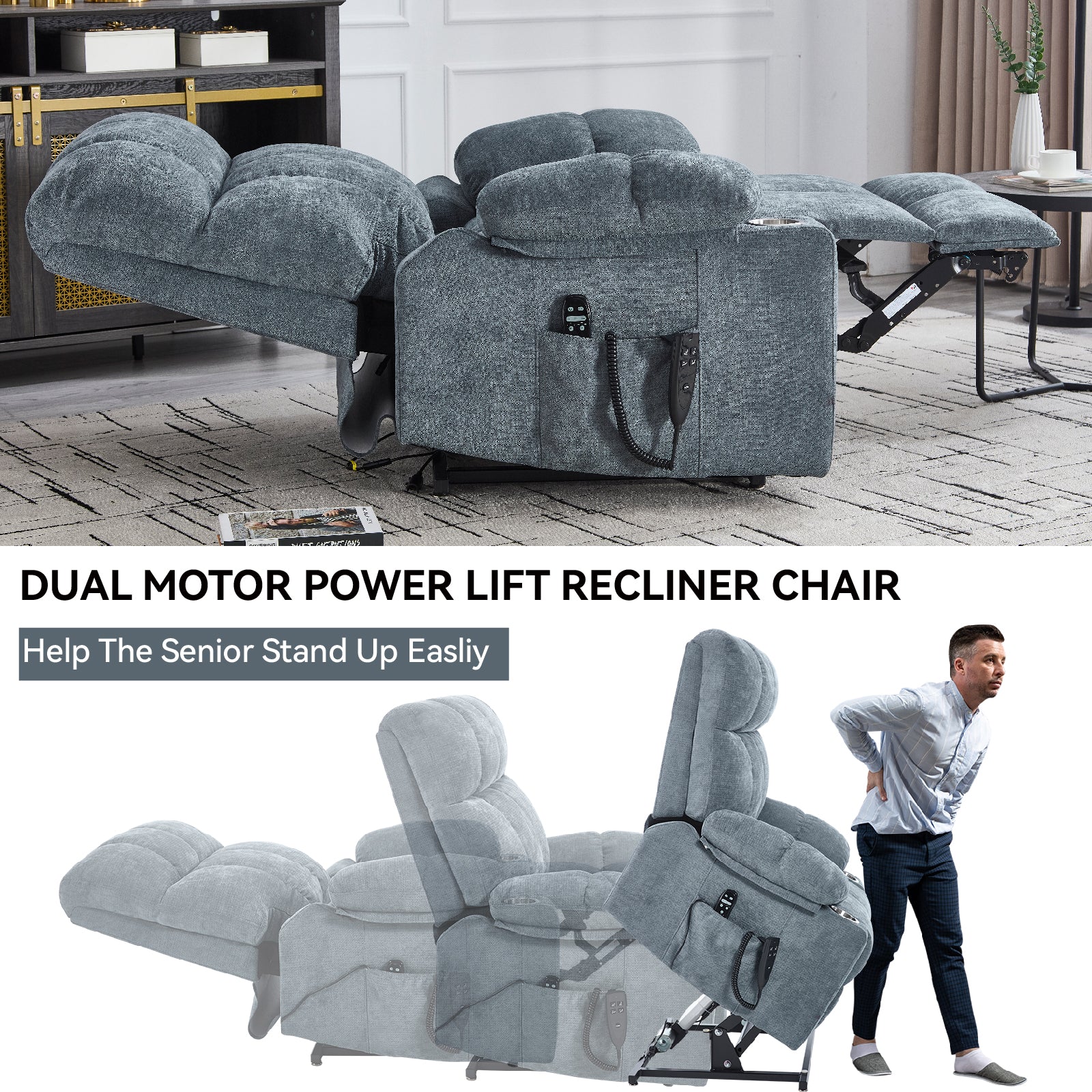 Boyel Living Gray Dual Motor Infinite Position Up to 350 LBS Chenille Power Lift Recliner Chair with Dual Cup Holders