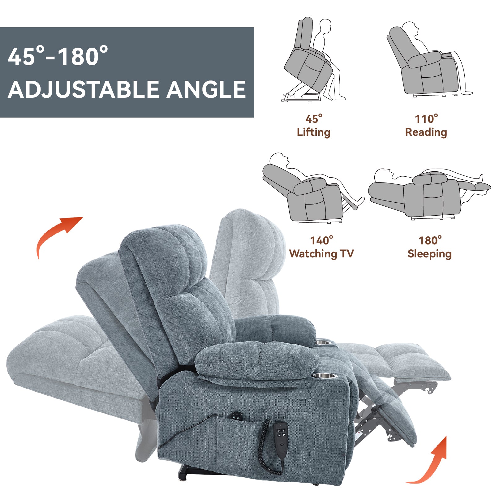 Boyel Living Gray Dual Motor Infinite Position Up to 350 LBS Chenille Power Lift Recliner Chair with Dual Cup Holders