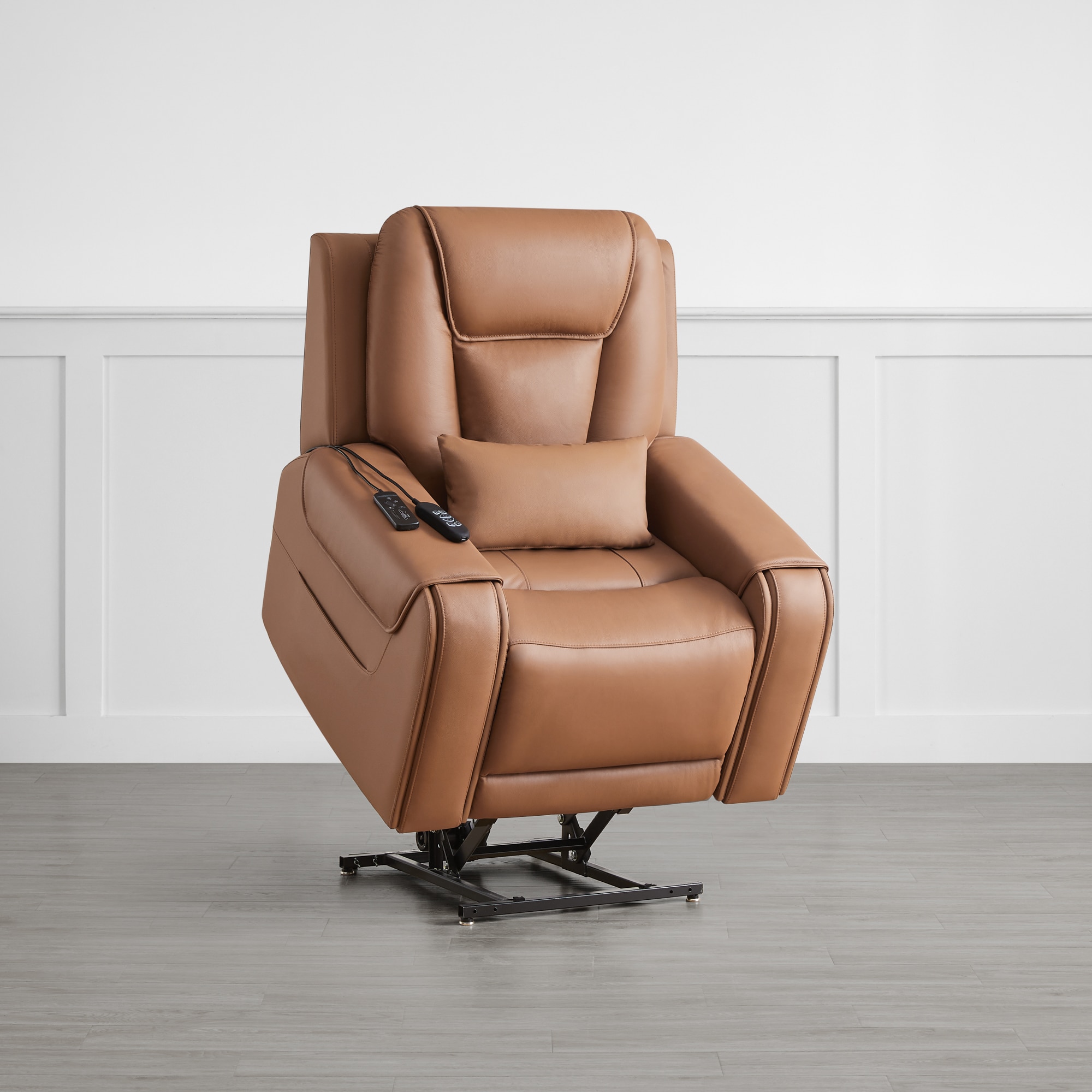 Circle 55 Saddle Leather Upholstered Powered Reclining Stationary with Lift Assistance