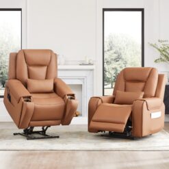 Circle 55 Saddle Leather Upholstered Powered Reclining Stationary with Lift Assistance