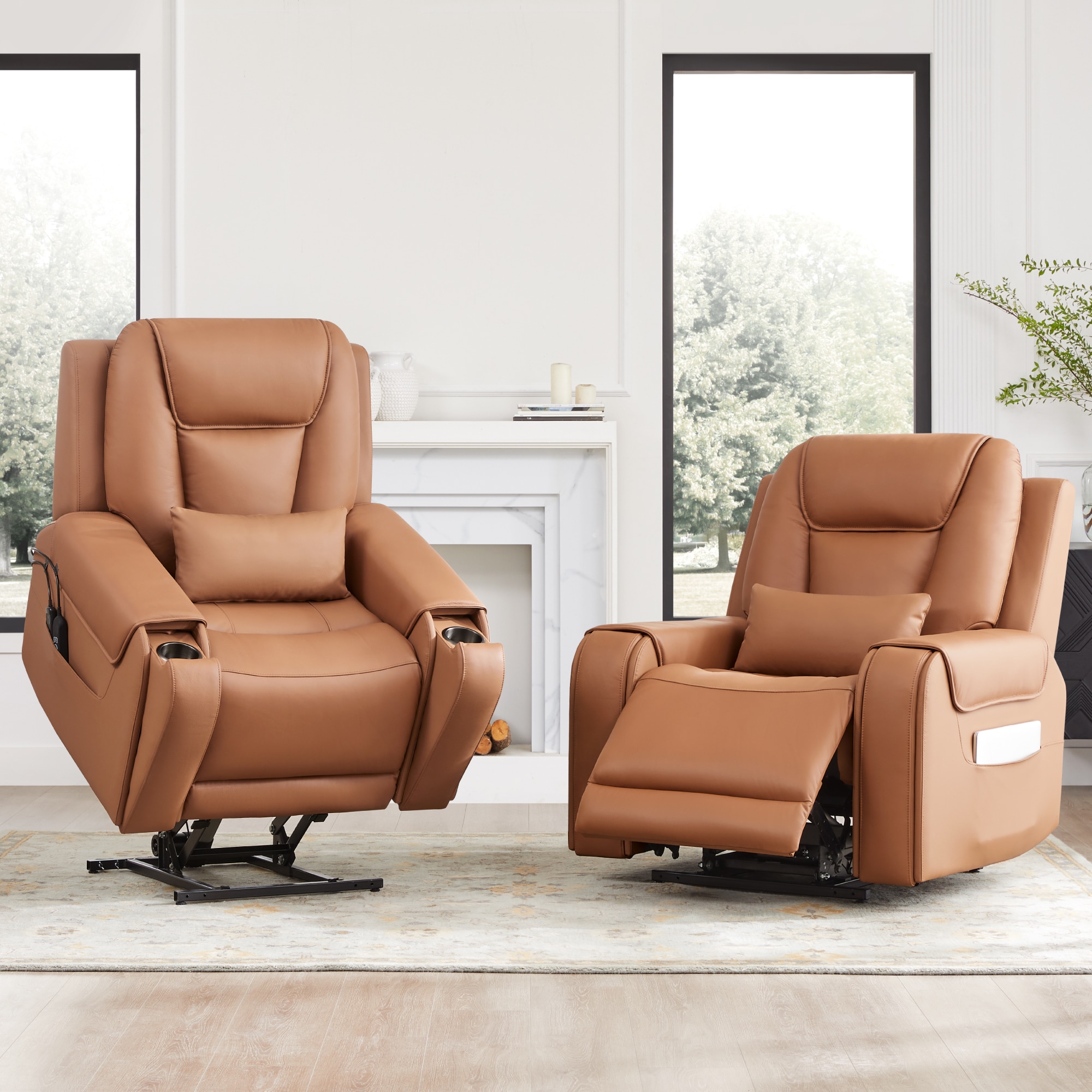 Circle 55 Saddle Leather Upholstered Powered Reclining Stationary with Lift Assistance