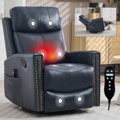 GZMR Heat Massage Rocker Swivel Manual Recliner Chair Navy Leather Upholstered Swivel rocker Infinite-position