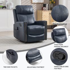 GZMR Heat Massage Rocker Swivel Manual Recliner Chair Navy Leather Upholstered Swivel rocker Infinite-position
