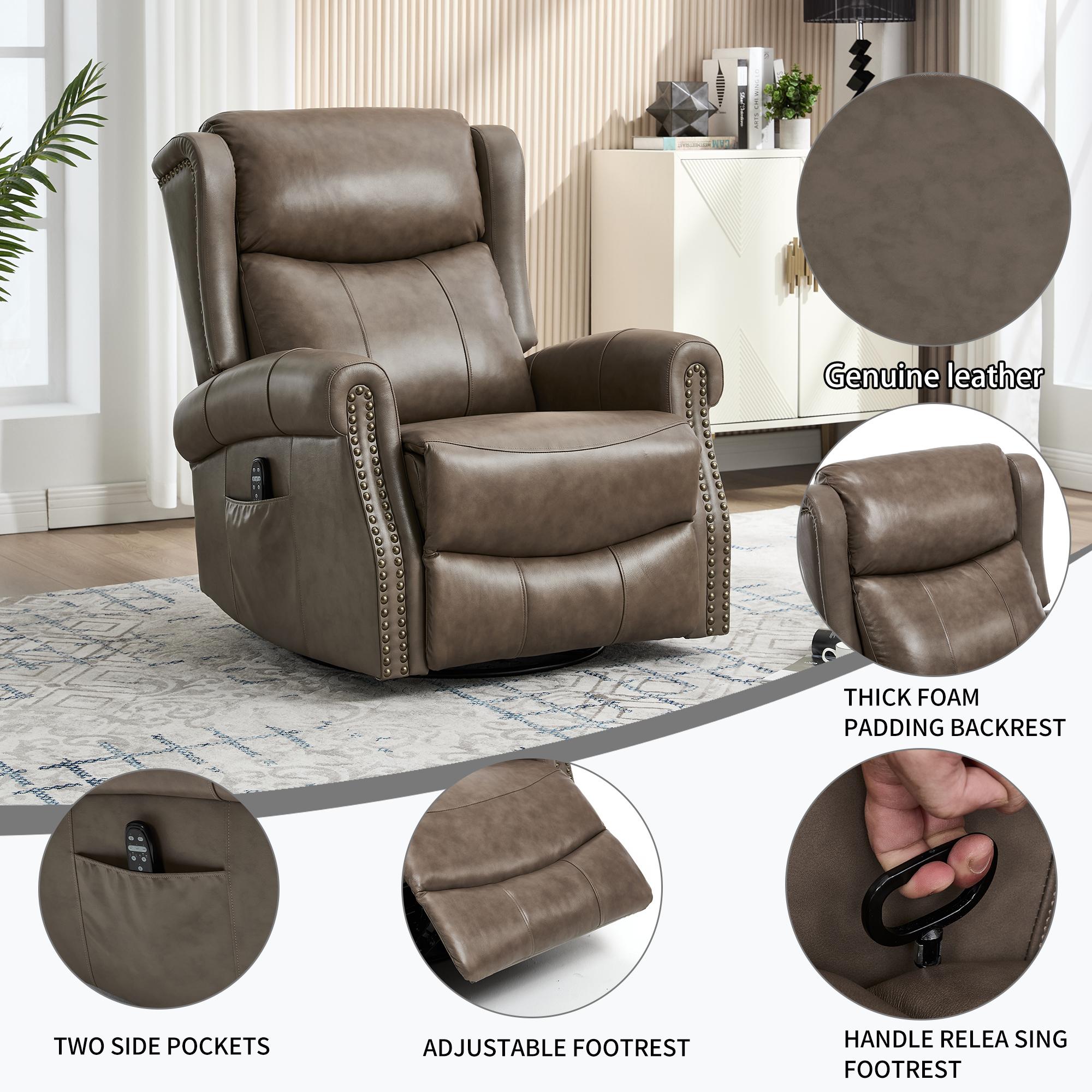 Bayfeve Brown Gray Genuine Leather Leather Upholstered Swivel rocker 3-position