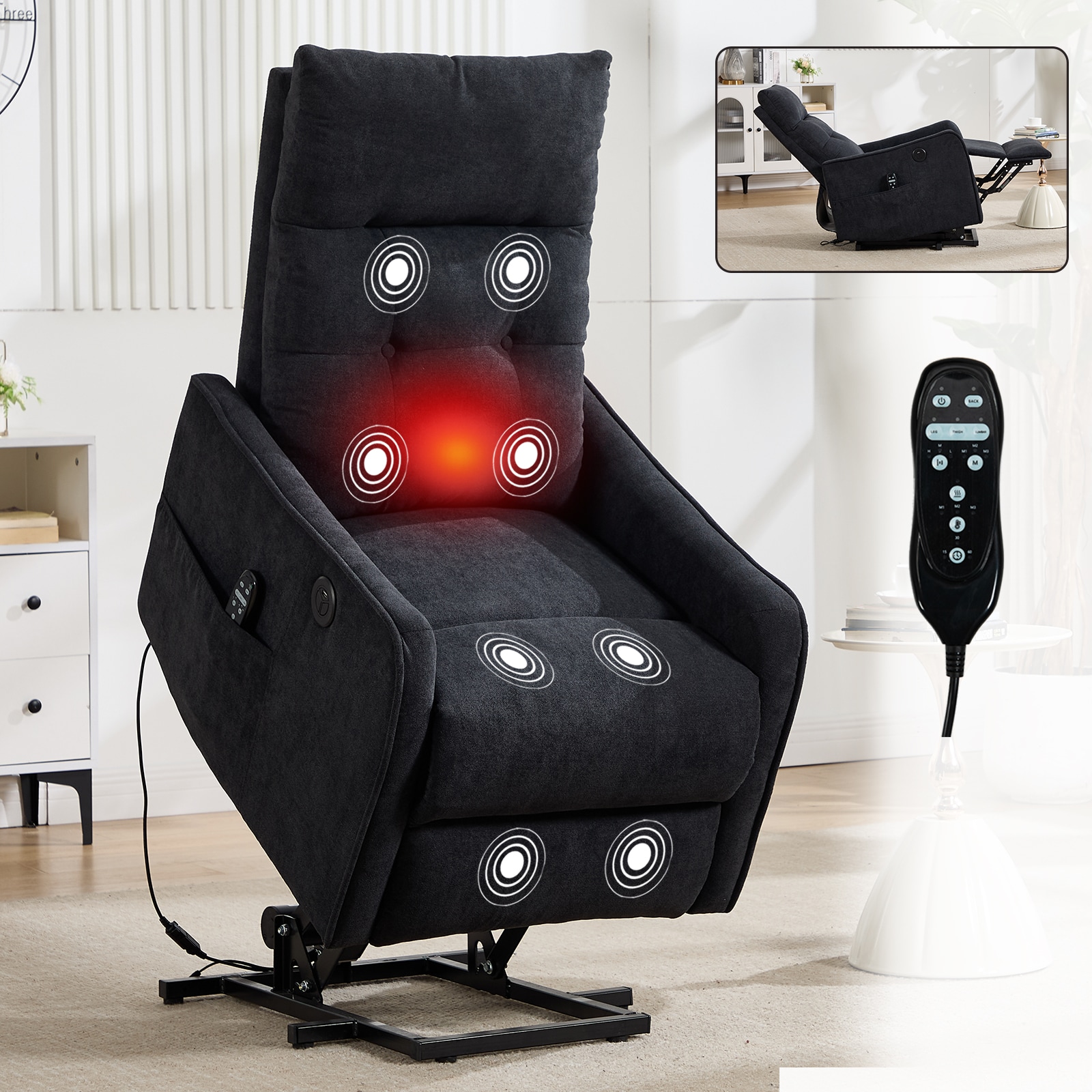 Huluwat Black Chenille Single Motor Power Lift Recliner Chair with Massage and Heat for Elderly Heavy Duty Motion Mechanism and One USB for Charging Max Reclining Angle 155