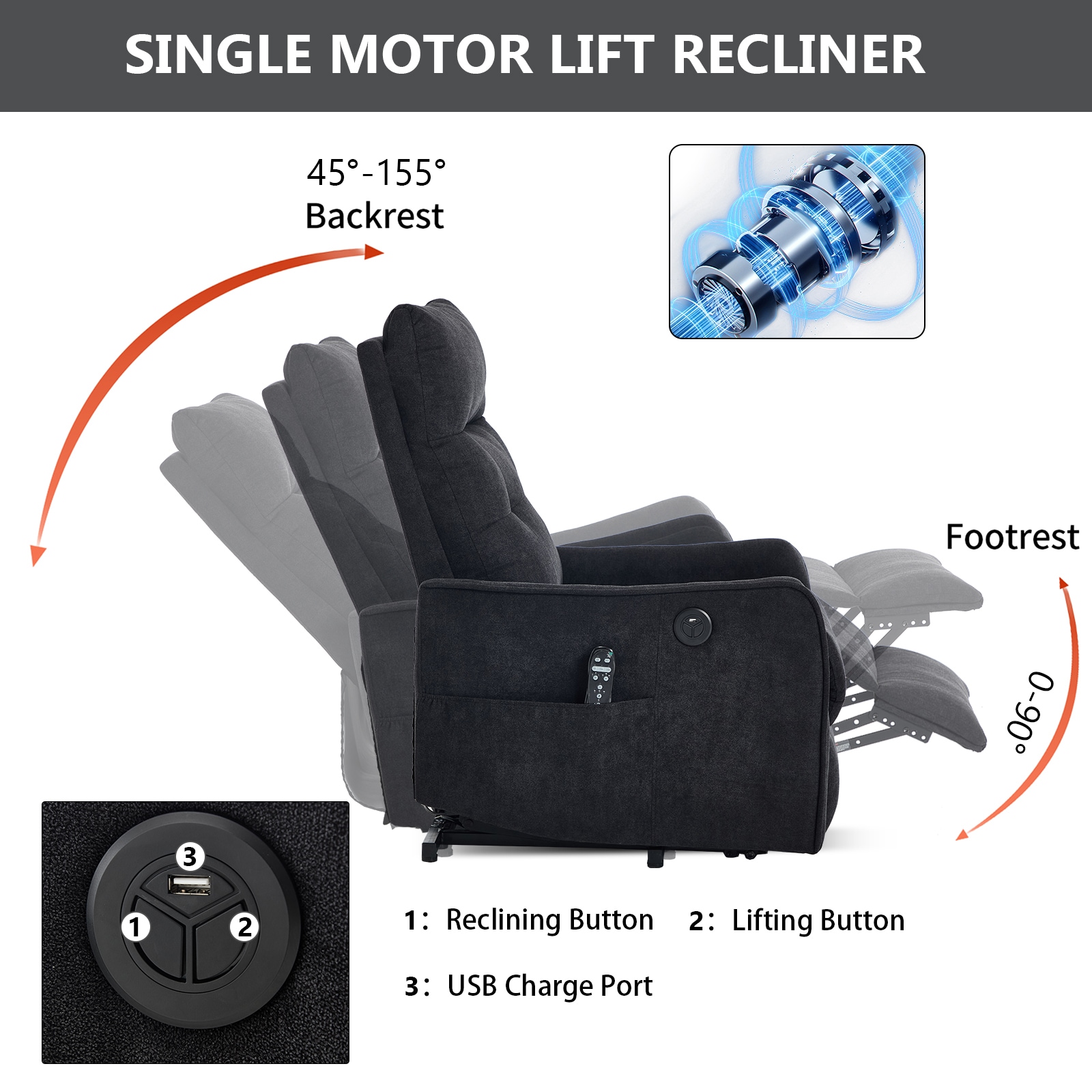 Huluwat Black Chenille Single Motor Power Lift Recliner Chair with Massage and Heat for Elderly Heavy Duty Motion Mechanism and One USB for Charging Max Reclining Angle 155