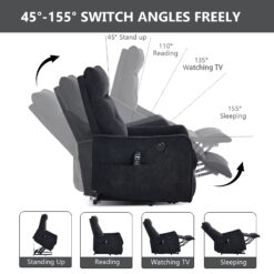 Huluwat Black Chenille Single Motor Power Lift Recliner Chair with Massage and Heat for Elderly Heavy Duty Motion Mechanism and One USB for Charging Max Reclining Angle 155