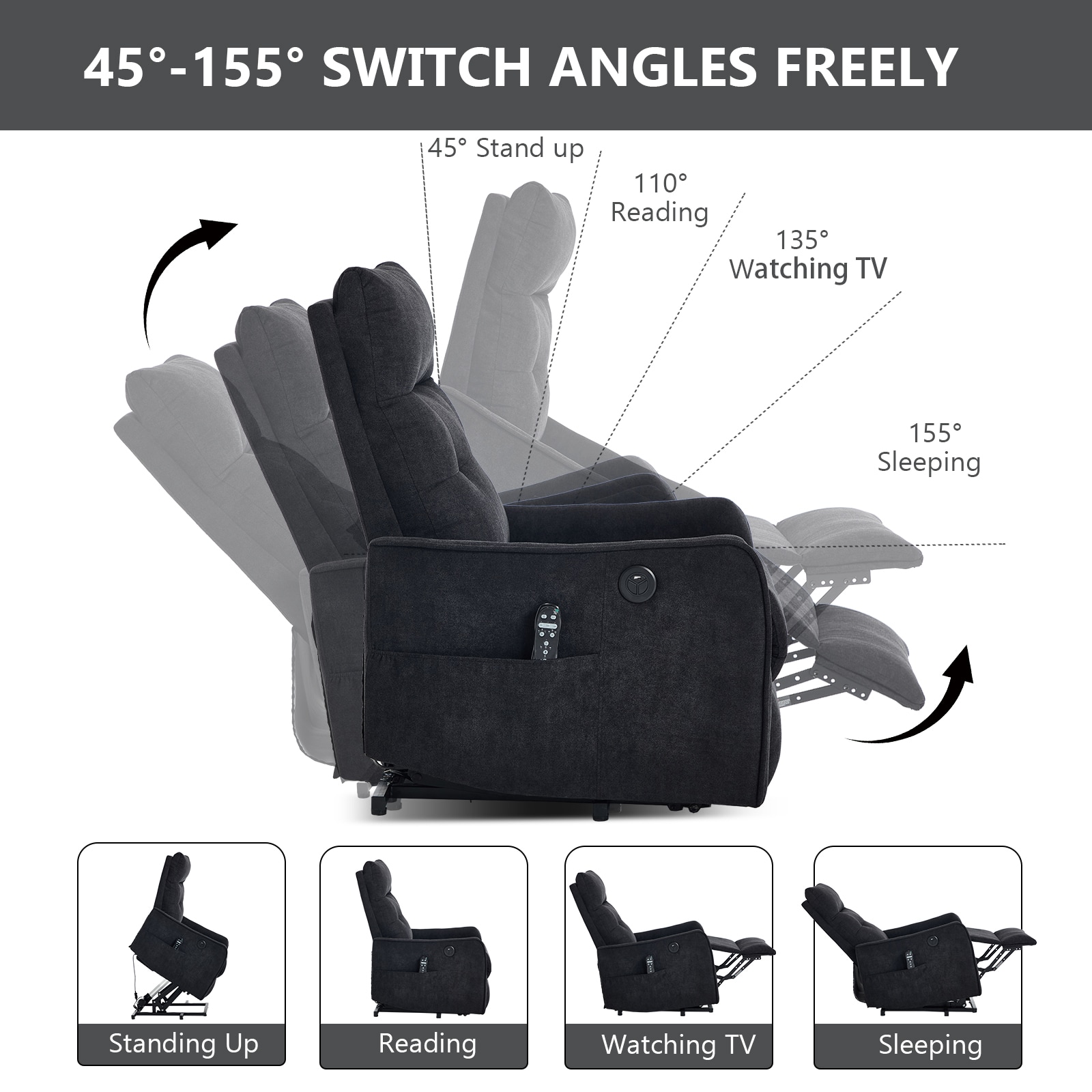 Huluwat Black Chenille Single Motor Power Lift Recliner Chair with Massage and Heat for Elderly Heavy Duty Motion Mechanism and One USB for Charging Max Reclining Angle 155