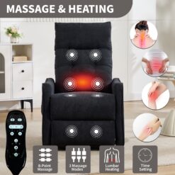 Huluwat Black Chenille Single Motor Power Lift Recliner Chair with Massage and Heat for Elderly Heavy Duty Motion Mechanism and One USB for Charging Max Reclining Angle 155