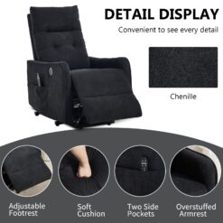 Huluwat Black Chenille Single Motor Power Lift Recliner Chair with Massage and Heat for Elderly Heavy Duty Motion Mechanism and One USB for Charging Max Reclining Angle 155