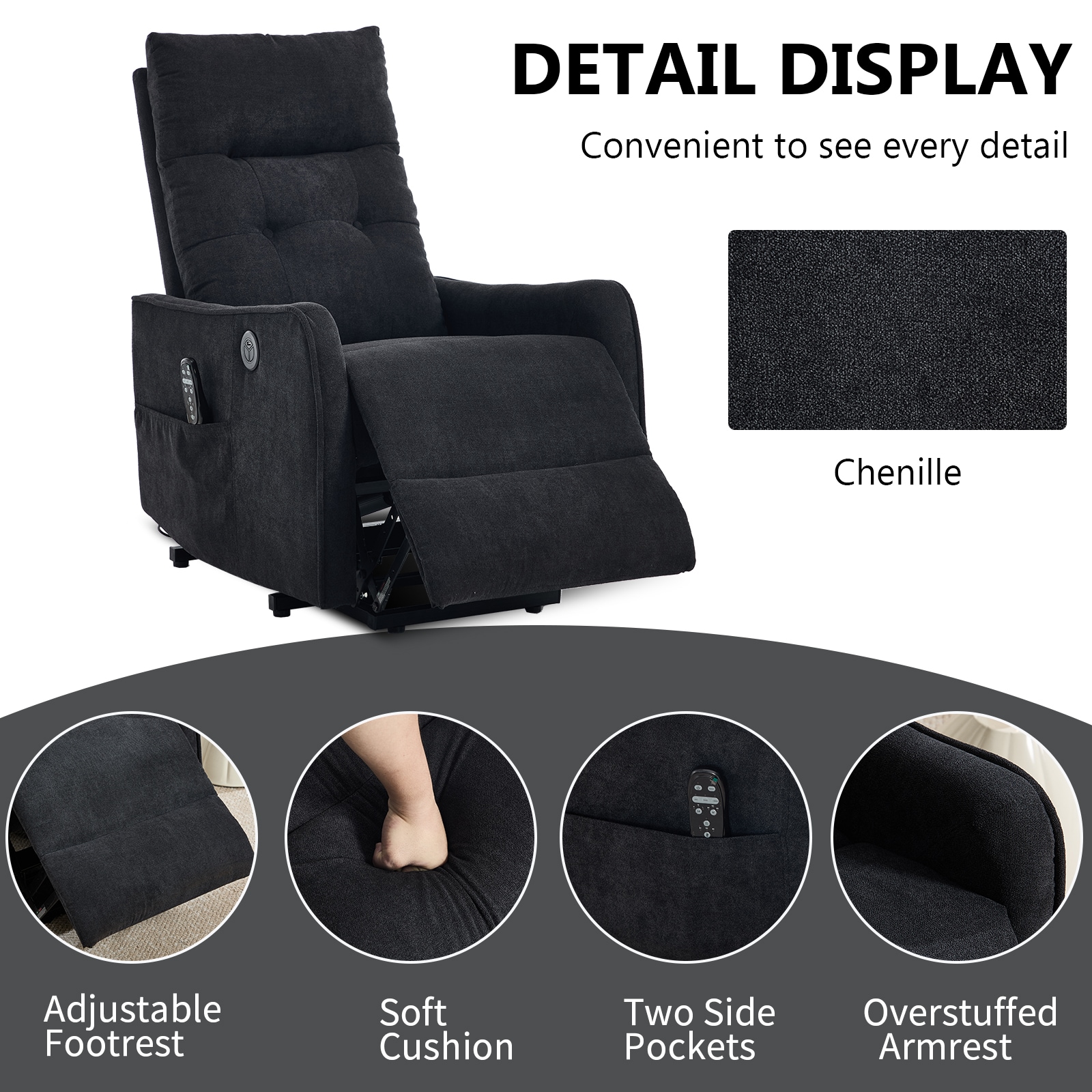 Huluwat Black Chenille Single Motor Power Lift Recliner Chair with Massage and Heat for Elderly Heavy Duty Motion Mechanism and One USB for Charging Max Reclining Angle 155