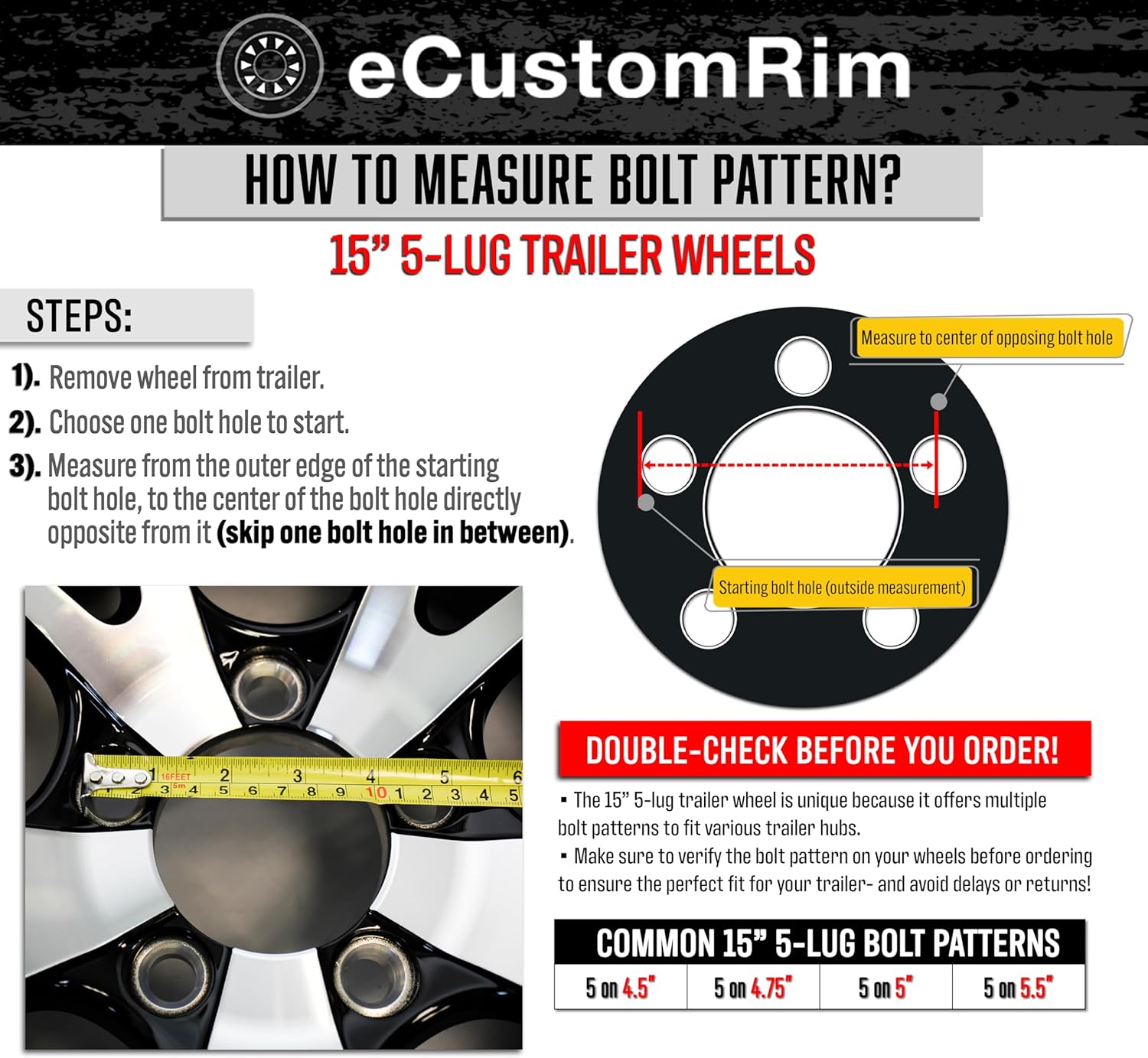 eCustomrim Aluminum Trailer Wheel 13X5 13 Inch 5 Lug 4.5 Center A1411 Black Rim, Durable Utility Trailer Wheel for Towing Applications
