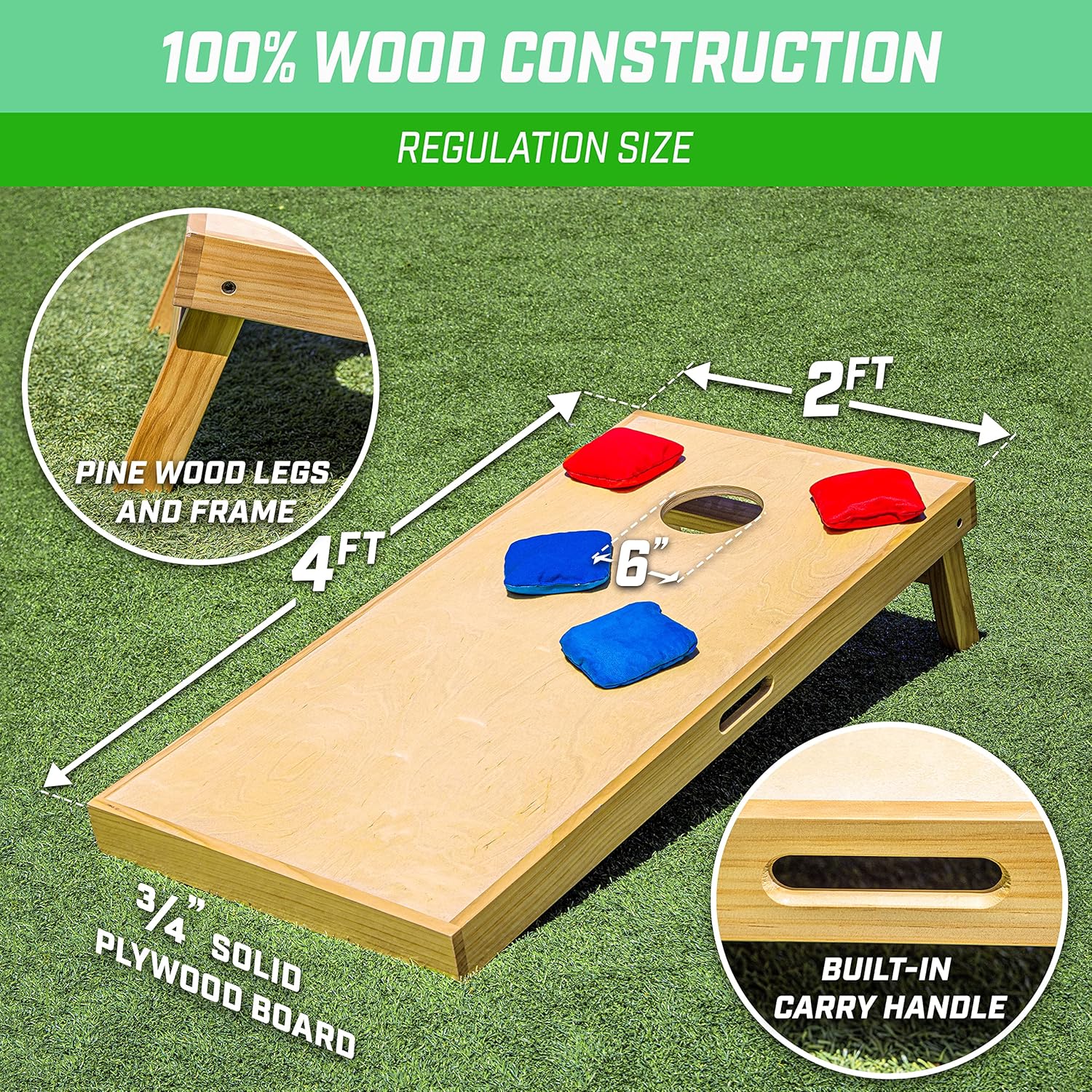 GoSports Premium 4 ft x 2 ft Regulation Competition-Ready Cornhole Board Set - Thick Wooden Board with Stop and Slide Bags - Complete Set for Yard Games, Backyard Outdoor Party Events