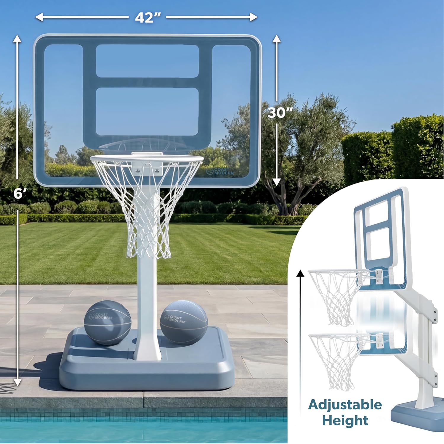 Coast Modern Pool Basketball Hoop with Adjustable Height - Poolside Basketball Hoop with Weighted Base, Premium Acrylic Backboard, & 18" Steel Rim