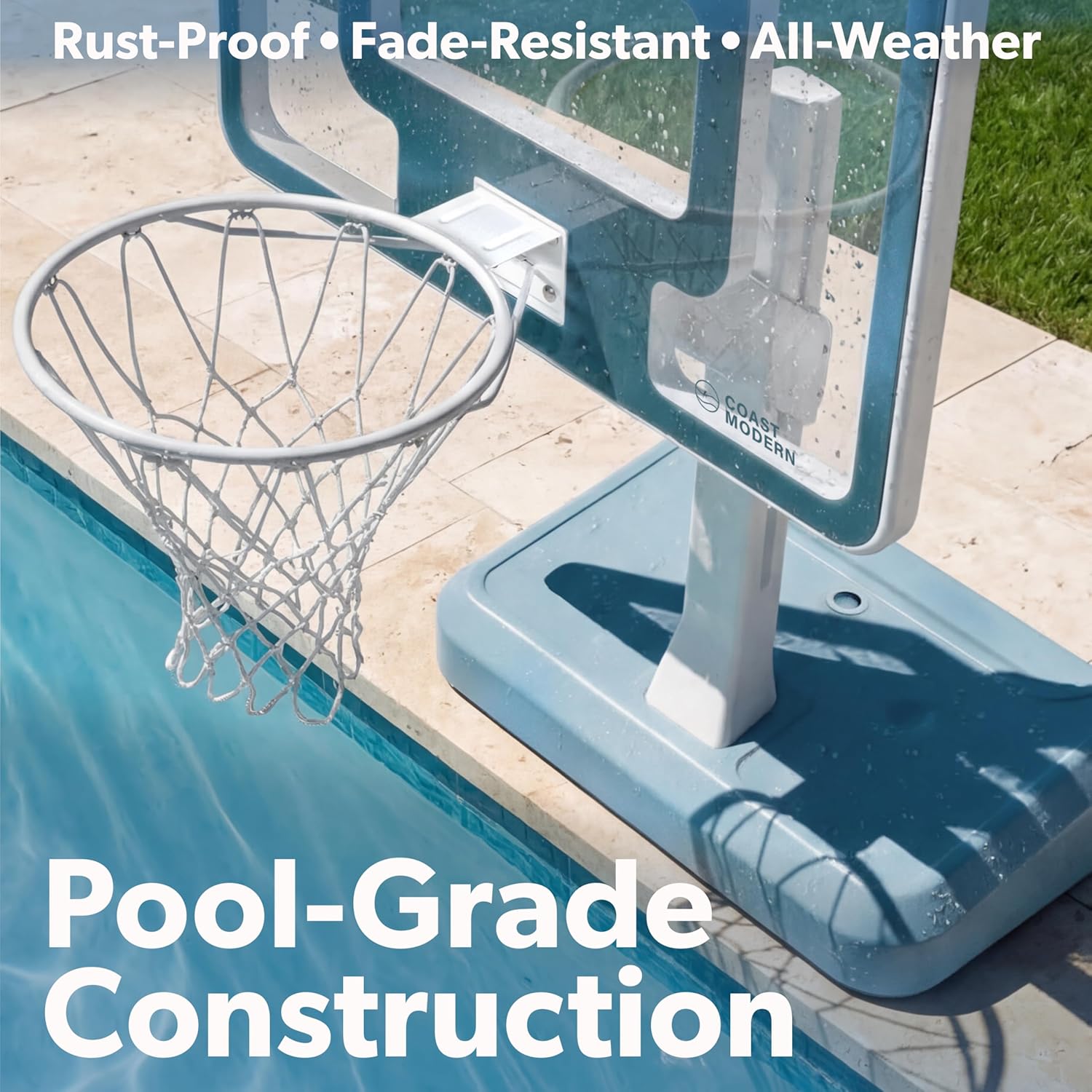 Coast Modern Pool Basketball Hoop with Adjustable Height - Poolside Basketball Hoop with Weighted Base, Premium Acrylic Backboard, & 18" Steel Rim