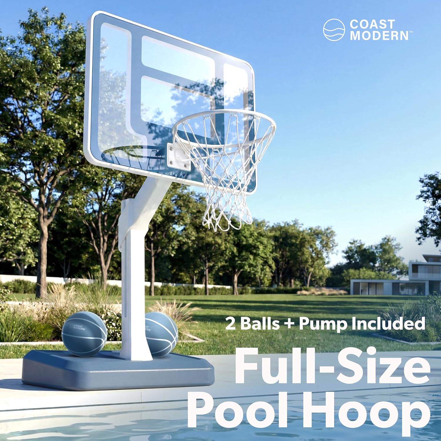 Coast Modern Pool Basketball Hoop with Adjustable Height - Poolside Basketball Hoop with Weighted Base, Premium Acrylic Backboard, & 18" Steel Rim