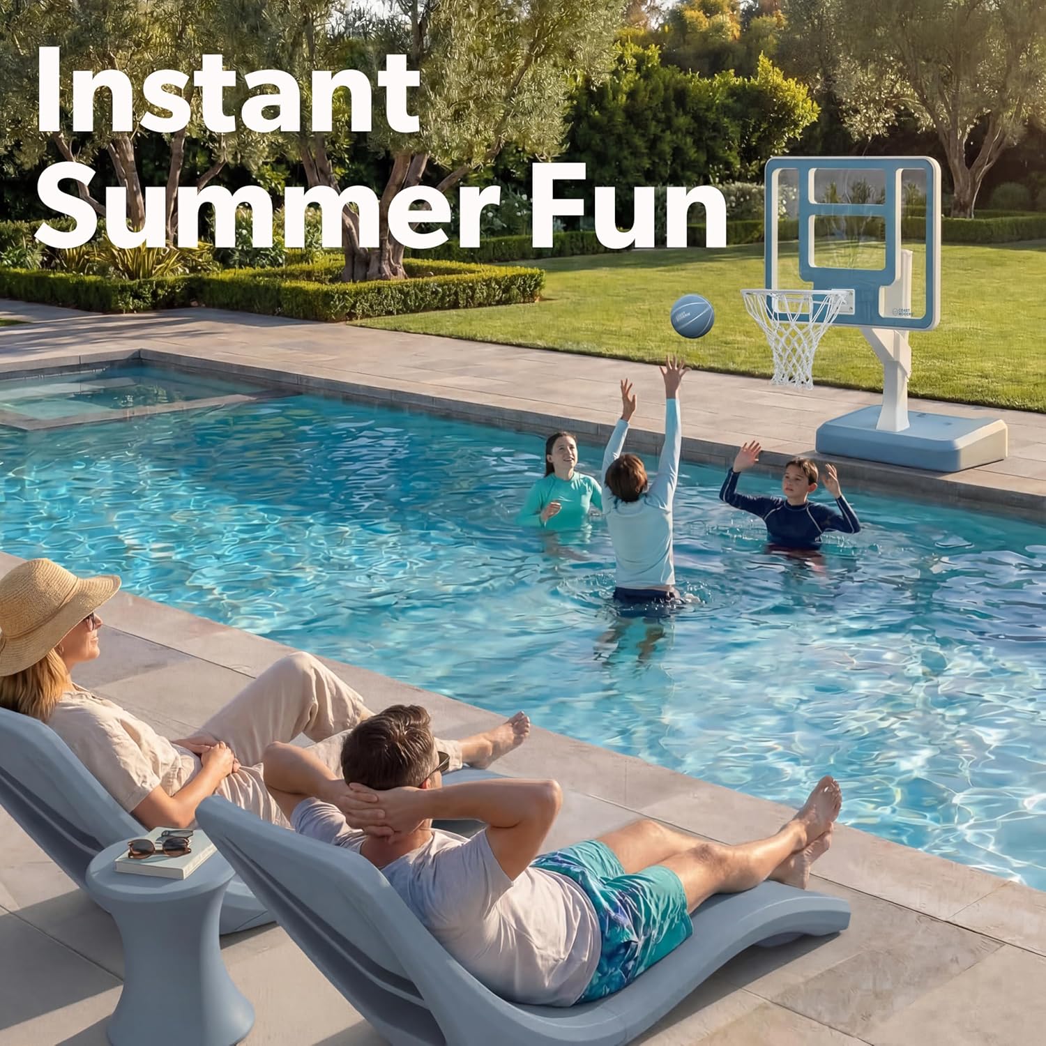 Coast Modern Pool Basketball Hoop with Adjustable Height - Poolside Basketball Hoop with Weighted Base, Premium Acrylic Backboard, & 18" Steel Rim