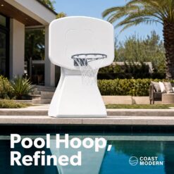 GoSports Coast Modern Poolside Basketball Hoop with Wheels - Premium Outdoor Pool Basketball Hoop with 2 Swimming Pool Basketballs and Ball Pump, White