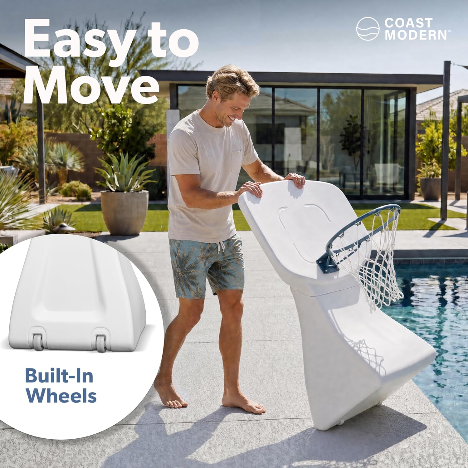 GoSports Coast Modern Poolside Basketball Hoop with Wheels - Premium Outdoor Pool Basketball Hoop with 2 Swimming Pool Basketballs and Ball Pump, White