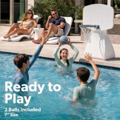 GoSports Coast Modern Poolside Basketball Hoop with Wheels - Premium Outdoor Pool Basketball Hoop with 2 Swimming Pool Basketballs and Ball Pump, White