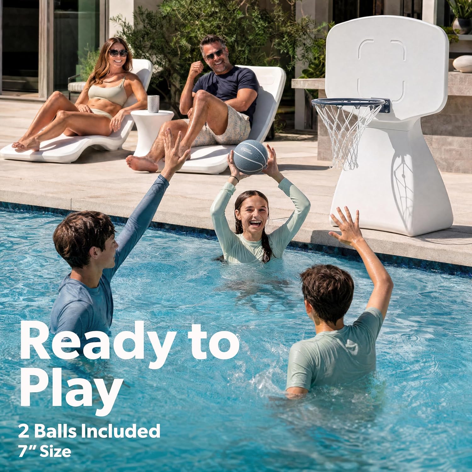 GoSports Coast Modern Poolside Basketball Hoop with Wheels - Premium Outdoor Pool Basketball Hoop with 2 Swimming Pool Basketballs and Ball Pump, White