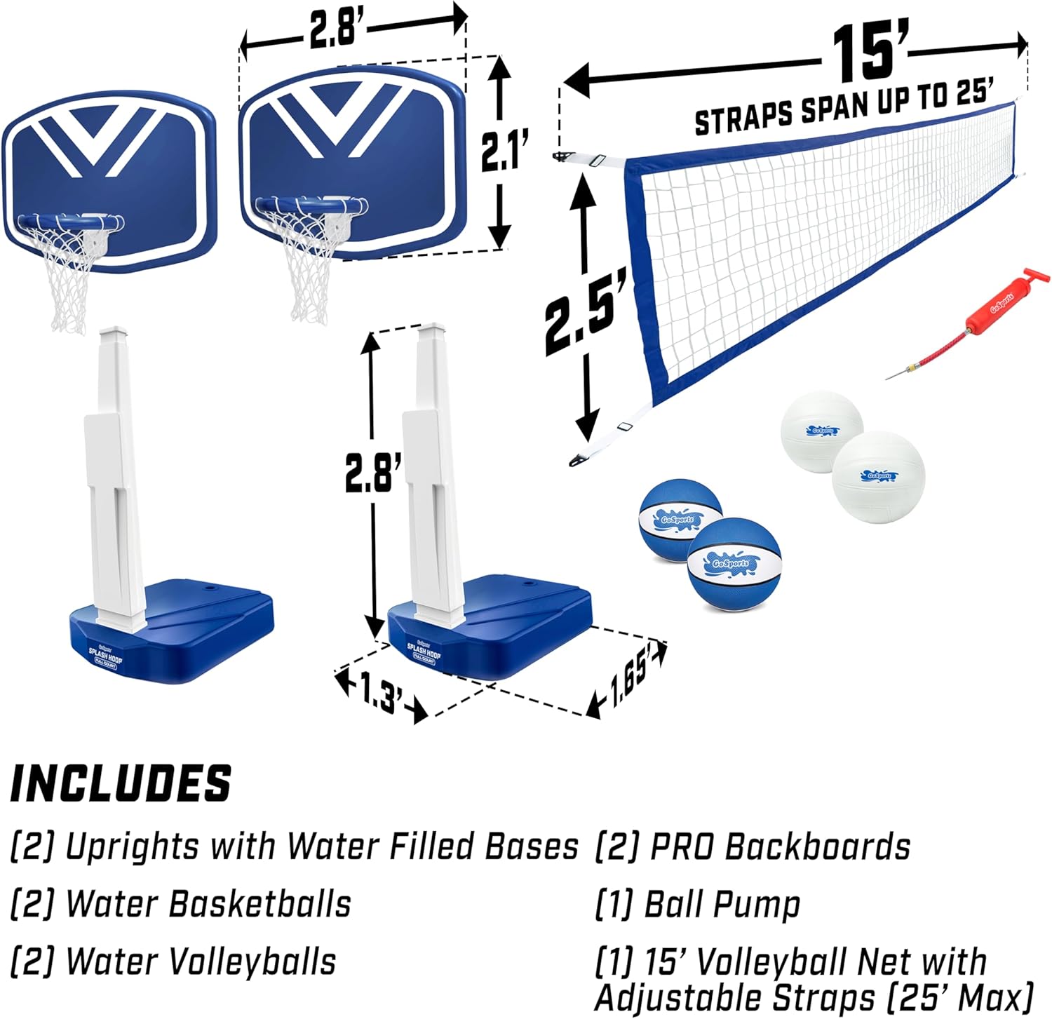 GoSports Splash Hoop 2-in-1 Full Court Pool Basketball & Volleyball Game Set