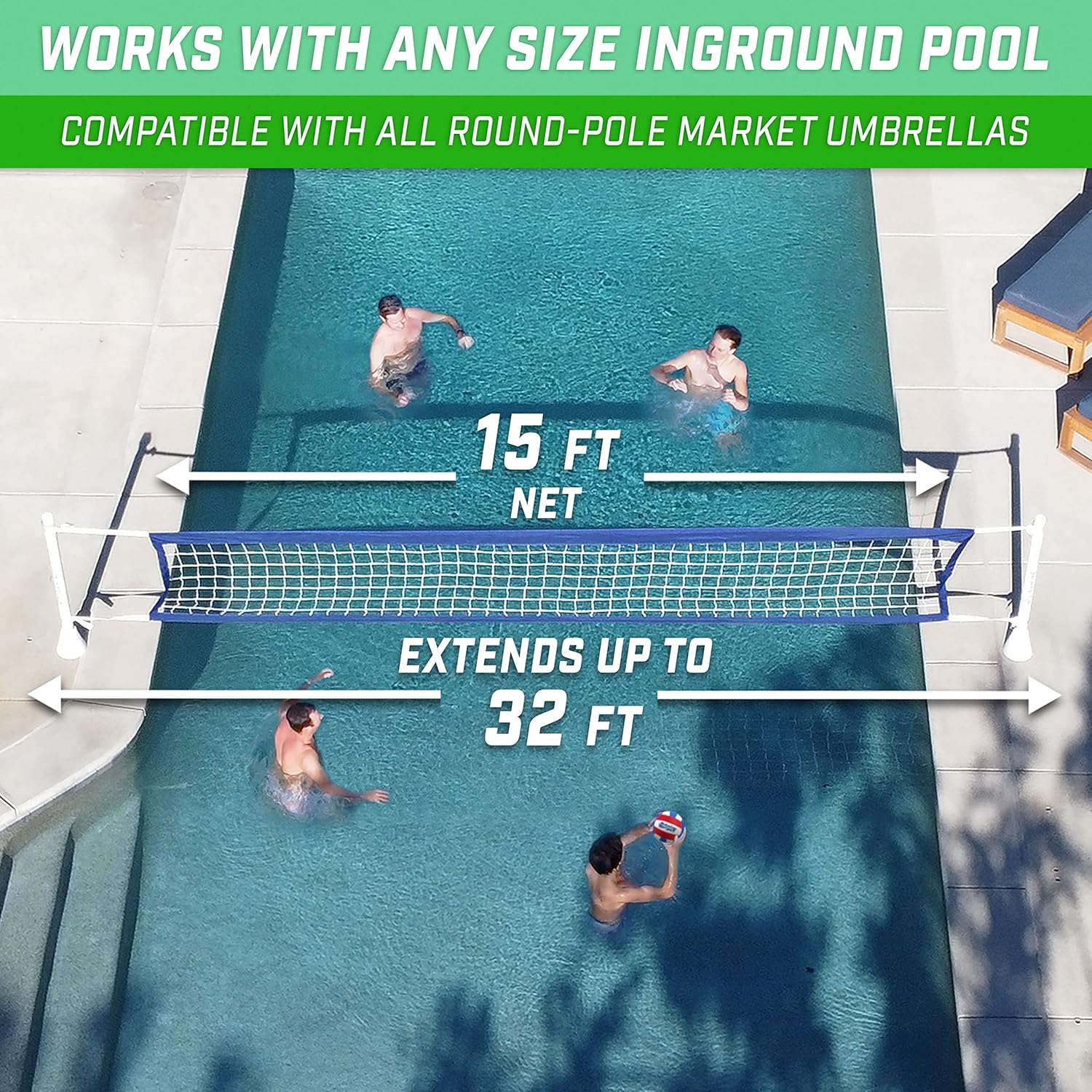 GoSports Deck-Mounted Splash Net Elite Inground Pool Volleyball Game - Permanent Deck Mounted for Inground Pools