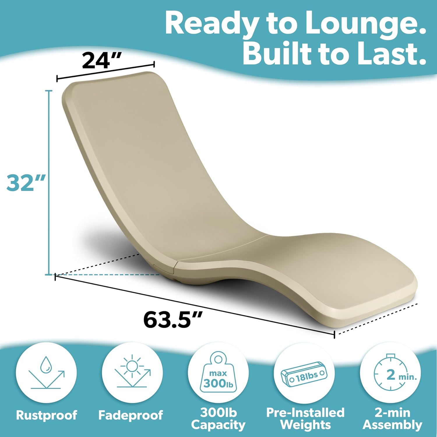 GoSports Coast Modern in Pool Lounge Chair - Waterproof & Weighted Chaise Lounger - Outdoor Pool Furniture for Patio or in Baja Shelf - Sand