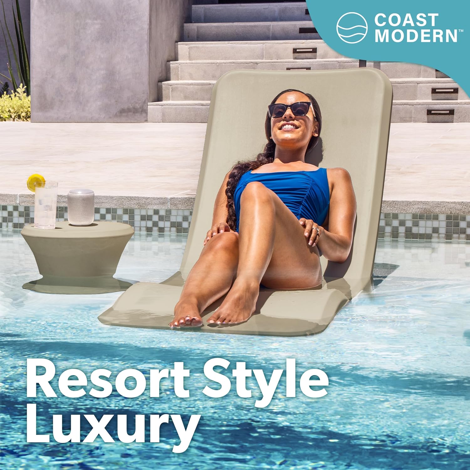 GoSports Coast Modern in Pool Lounge Chair - Waterproof & Weighted Chaise Lounger - Outdoor Pool Furniture for Patio or in Baja Shelf - Sand