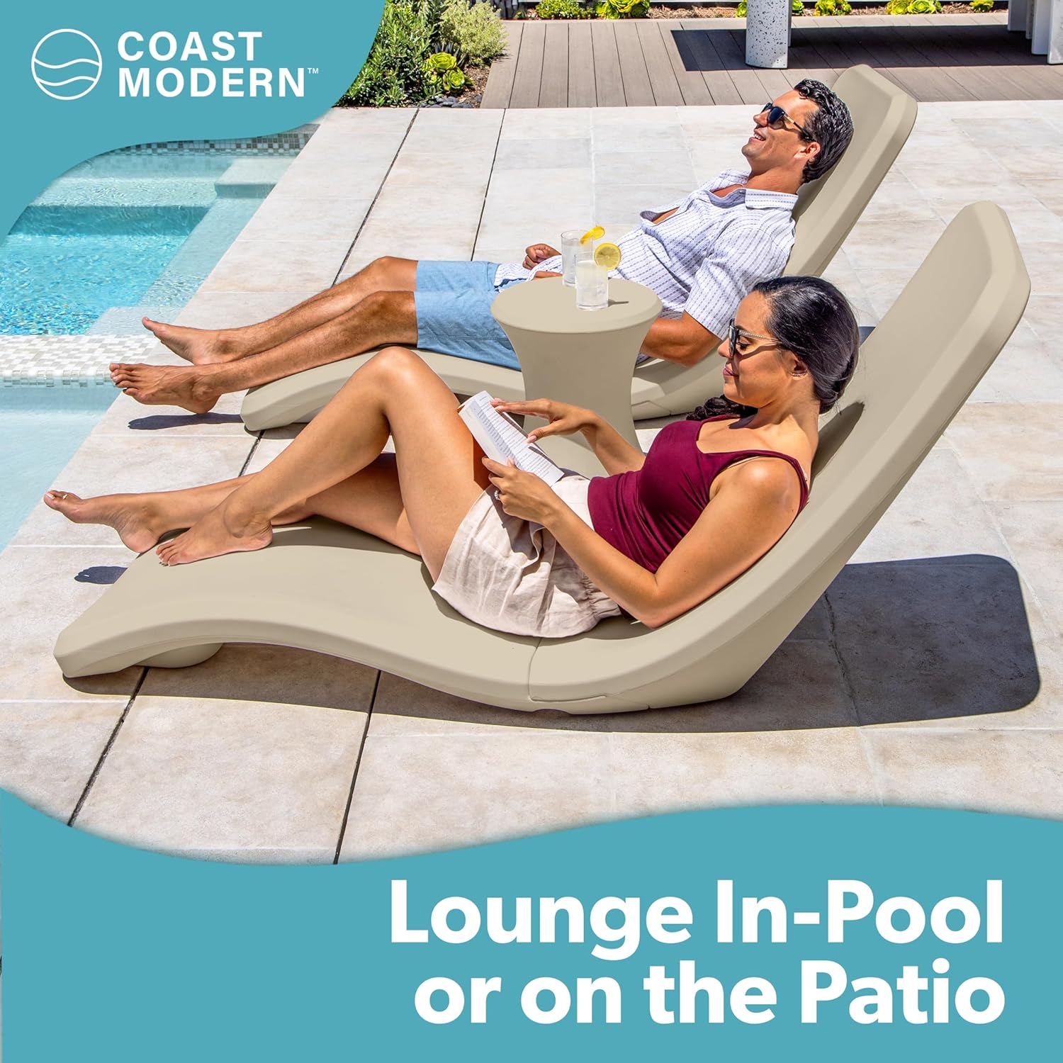 GoSports Coast Modern in Pool Lounge Chair - Waterproof & Weighted Chaise Lounger - Outdoor Pool Furniture for Patio or in Baja Shelf - Sand