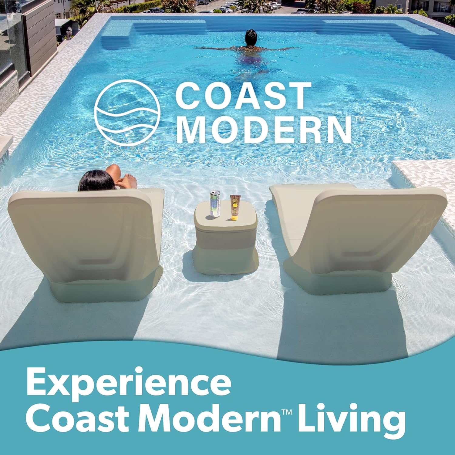 GoSports Coast Modern in Pool Lounge Chair - Waterproof & Weighted Chaise Lounger - Outdoor Pool Furniture for Patio or in Baja Shelf - Sand