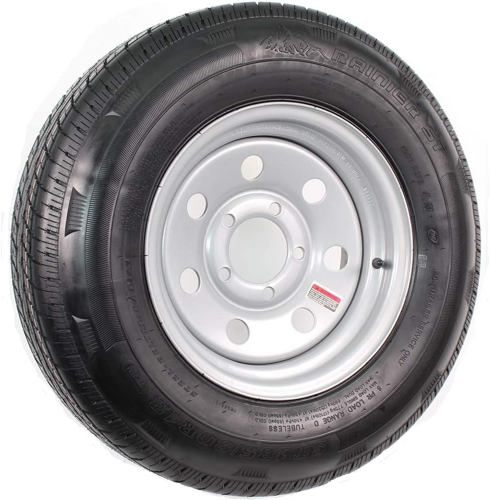eCustomrim Radial Trailer Tire On Rim ST185/80R13 13 Inch 13X4.5 5 Lug On 4.5 Silver Grey Wheel - 6 Year Warranty w/Roadside