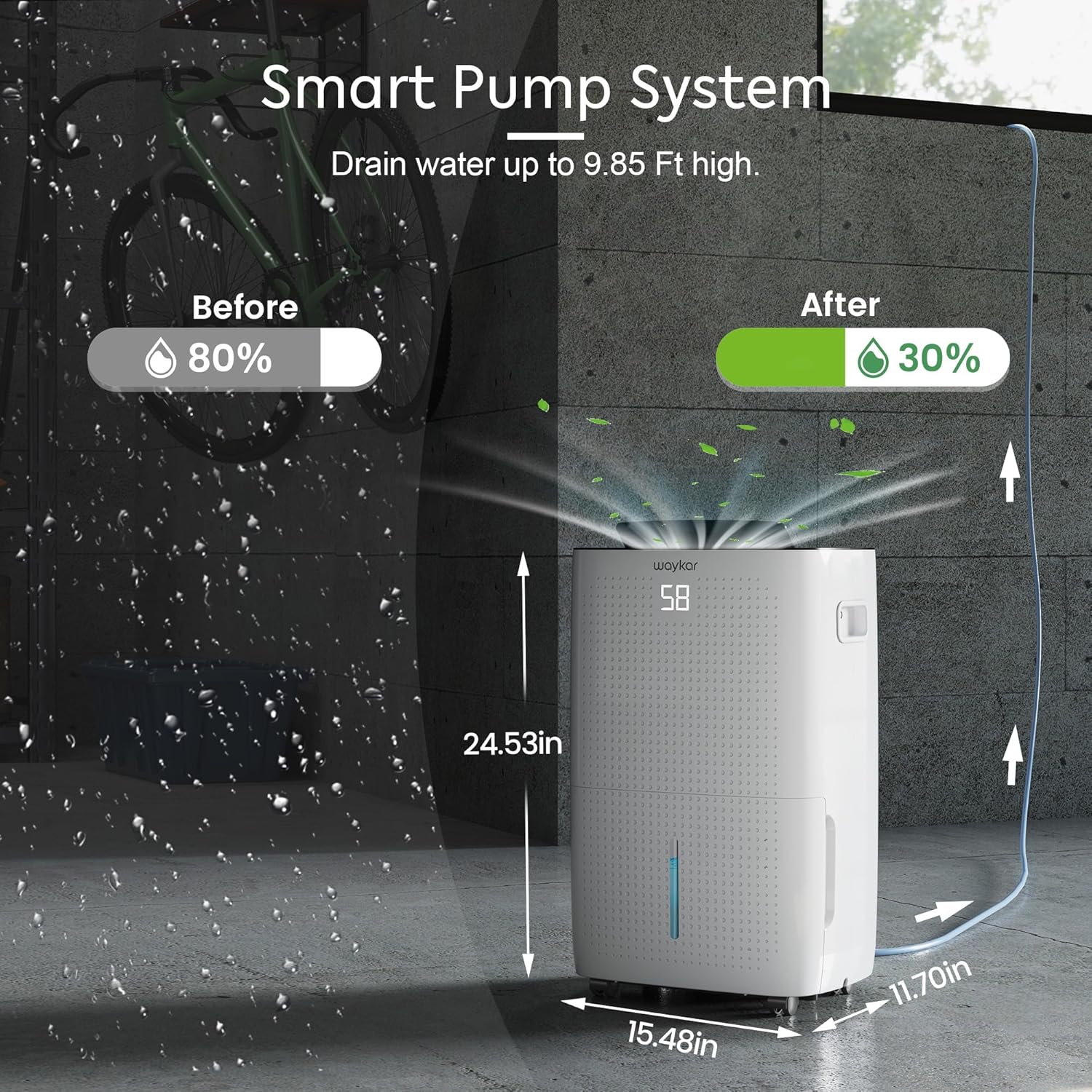 Waykar 150 Pint 7,000 Sq.Ft Dehumidifier with Pump for Basement & Home, Large Room, Smart Compressor Dehumidifier with Drain Hose & Tank for Commercial, 30–80% RH Control, 90° Auto Swing, Auto Defrost