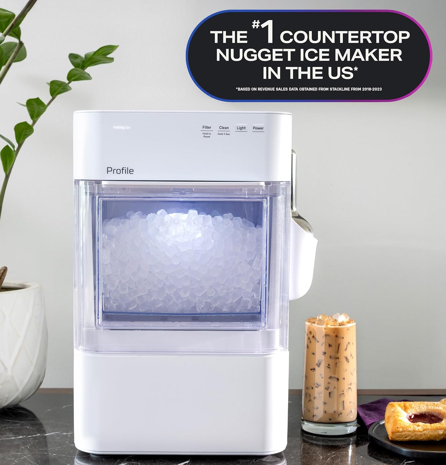 GE Profile Opal 2.0 Ultra Nugget Ice Maker with Scale Inhibiting Filter, Scoop Included, 38 lbs in 24 Hours, Pellet Ice Machine with WiFi & Smart Connected, Stone White
