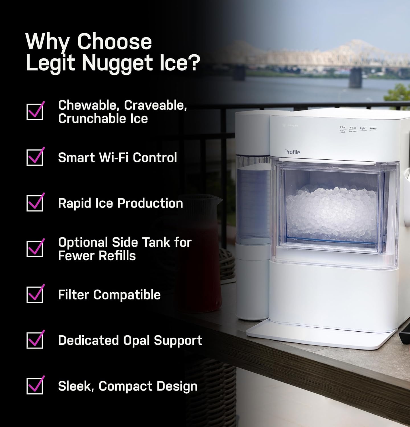 GE Profile Opal 2.0 Ultra Nugget Ice Maker with Scale Inhibiting Filter, Scoop Included, 38 lbs in 24 Hours, Pellet Ice Machine with WiFi & Smart Connected, Stone White