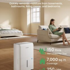 Waykar 150 Pint 2025 Energy Star Dehumidifier with Pump for Large Rooms up to 7,000 Sq. Ft. for Home, Basement, Commercial, Industrial, with Drain Hose & Tank, Auto Defrost, Smart Auto Comfort Mode